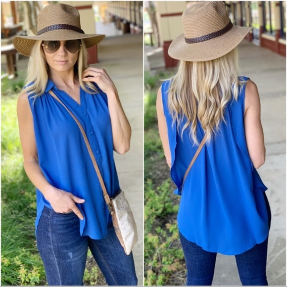 Infinity Raine Tops - Cobalt Blue Button Up Sleeveless Top